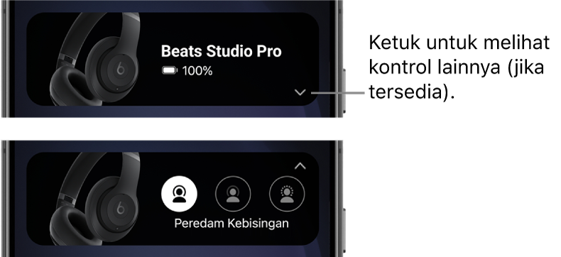 Gambar pertama menampilkan widget app Beats yang menampilkan headphone Beats&nbsp;Studio&nbsp;Pro yang terhubung dan tombol untuk menampilkan kontrol lainnya; gambar kedua menampilkan kontrol Peredam Kebisingan di widget.