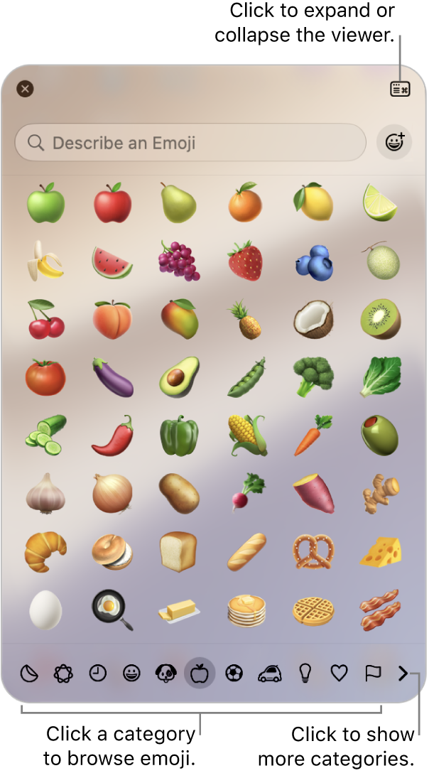 The Character Viewer window. Click a category on the bottom to browse characters or symbols. In the search field, enter a symbol name or code to find a specific character. In the upper-right corner, click to expand or collapse the viewer.
