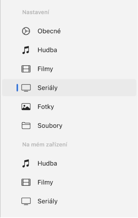 Boční panel s vybranou volbou Seriály