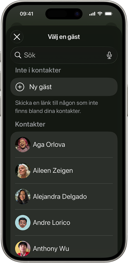 Skärmen Välj en gäst och en lista med kontakter på en iPhone.