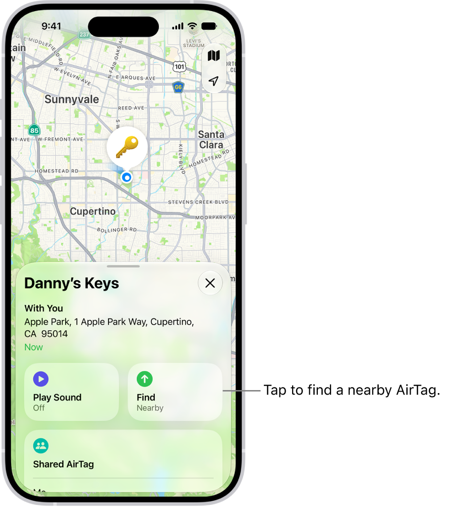 Die geöffnete App „Wo ist?“, die zeigt, dass sich die Schlüssel von Danny im Golden Gate Park befinden. Tippe auf die Taste „Suchen“, um ein AirTag in der Nähe zu finden.