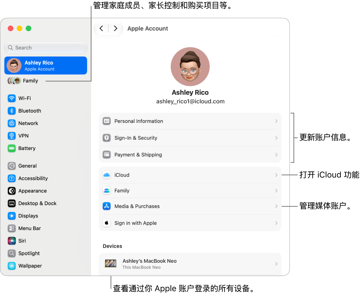 “系统设置”中的“Apple 账户”设置，包含更新账户信息、打开或关闭 iCloud 功能、管理媒体账户和调整“家人共享”设置（可在其中管理家庭成员、家长控制和购买项目等）的标注框。