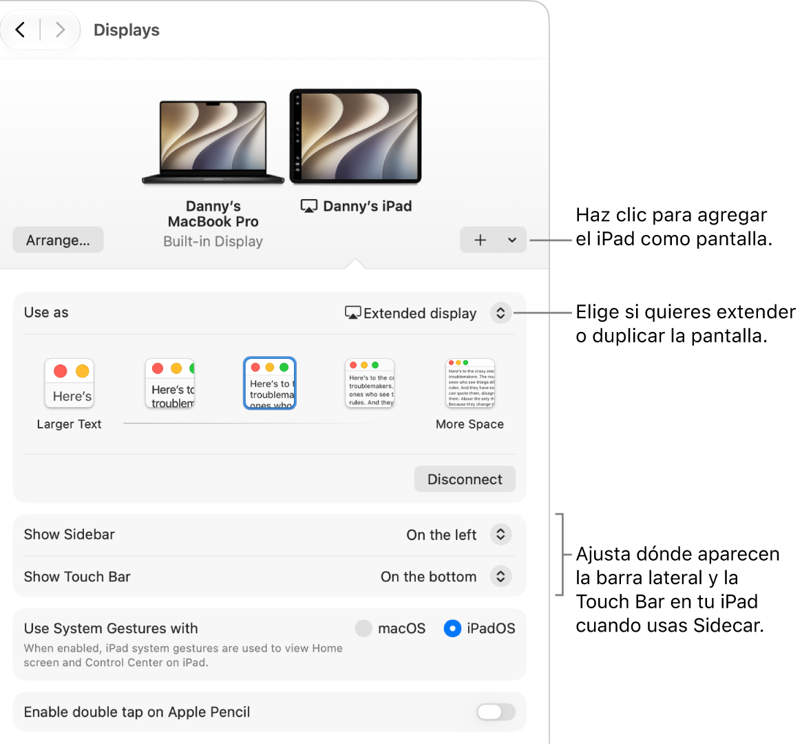 Panel de configuración Pantallas en la Mac que muestra opciones para configurar Sidecar.