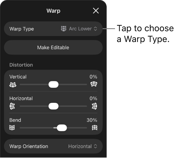 The Warp pane showing warp types and slider controls.