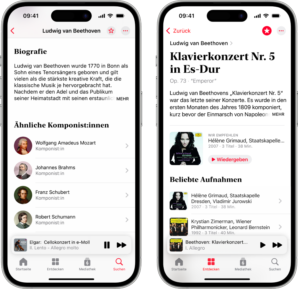 Zwei iPhone-Geräte zeigen verschiedene Informationen über klassische Musik. Das erste zeigt oben auf dem Bildschirm eine Komponistenbiografie an. Das zweite zeigt direkt unter dem Namen des Werkes eine Werkbeschreibung an.
