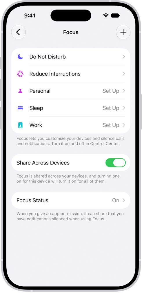 A screen showing five provided Focus options—Do Not Disturb, No messages during calls, Sleep, Personal, and Work. The Share Across Devices option is on, which allows the same Focus settings to be used across your Apple devices.