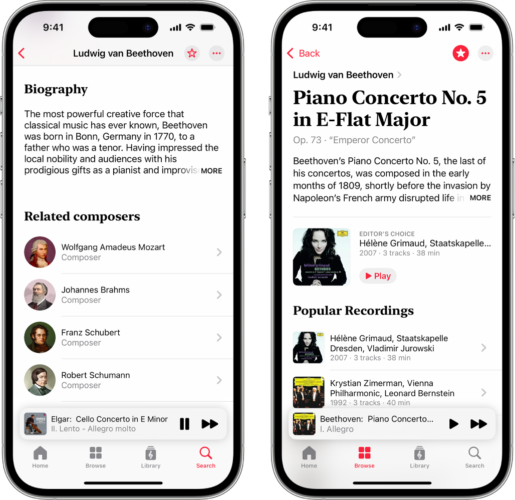 Two iPhone devices showing various information about classical music. The first one shows a composer biography at the top of the screen. The second one shows a work description just below the work name.