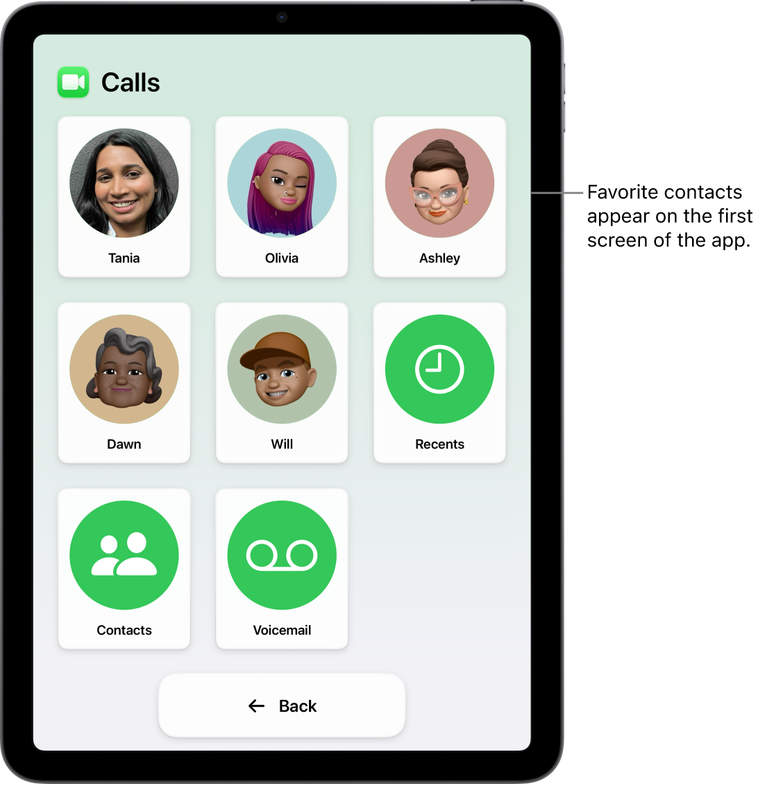 An iPad in Assistive Access with the Calls app open, showing a large grid of contact photos and names.