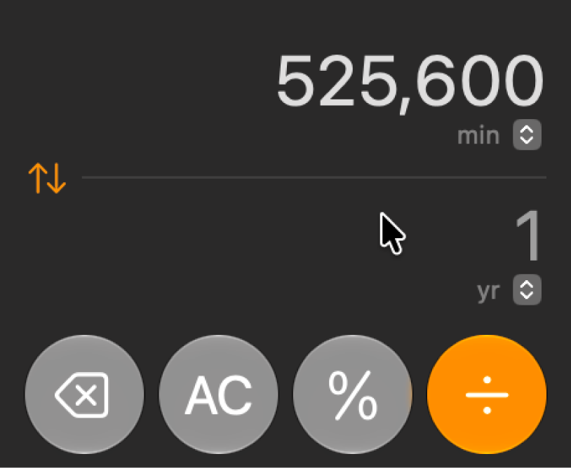 A calculator in scientific mode showing a conversion from minutes to years.