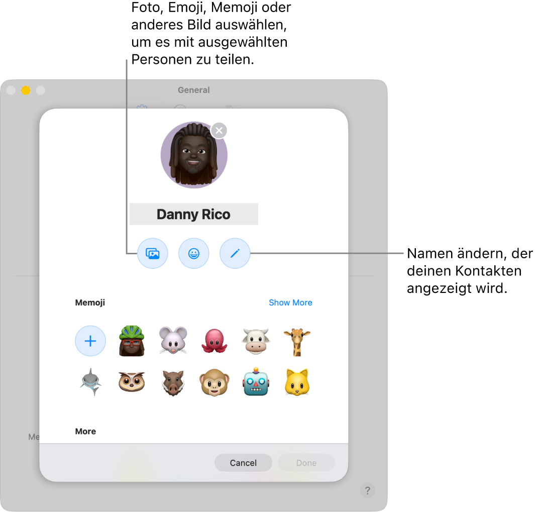 Das Dialogfenster „Namen und Foto teilen“ mit Optionen zum Bearbeiten des Namens, den deine Kontakte sehen, und zum Auswählen eines Fotos, Emojis, Memojis oder anderen Bilds.