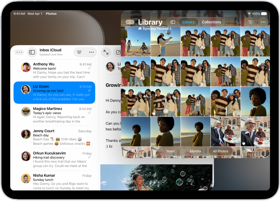 An iPad screen showing work in progress across two Mail windows and one Notes window.
