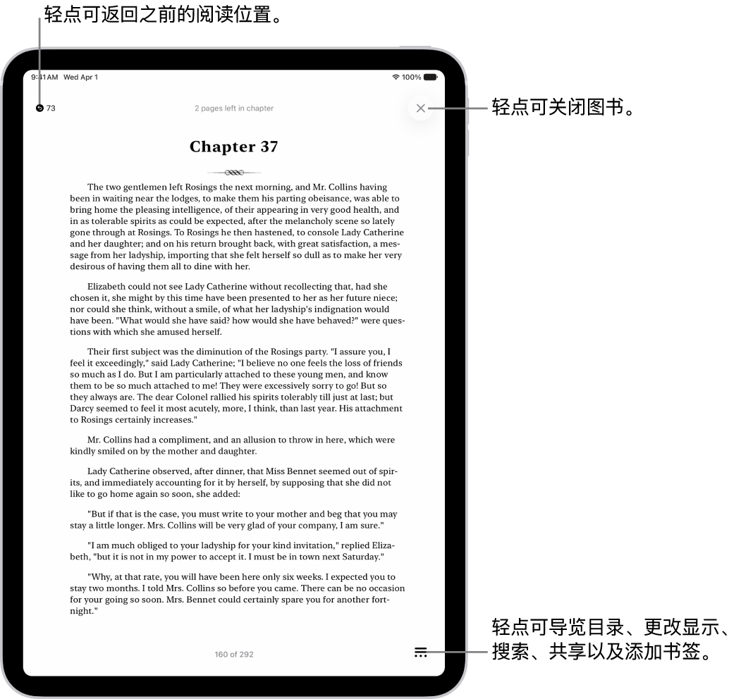 “图书” App 中的图书页面。 屏幕顶部是用于返回开始阅读的页面和关闭图书的按钮。 屏幕右下方是“菜单”按钮。
