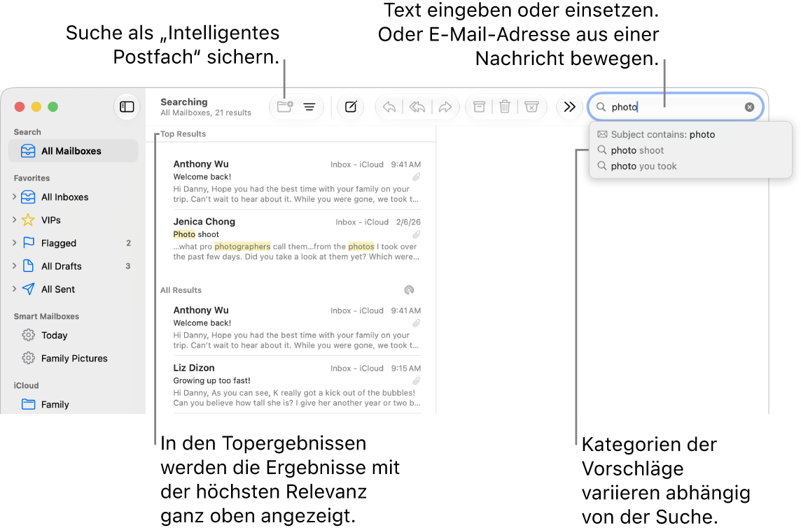 Das durchsuchte Postfach wird in der Seitenleiste hervorgehoben. Du kannst Text in das Suchfeld eingeben oder einsetzen oder eine E-Mail-Adresse aus einer E-Mail bewegen. Während der Eingabe werden unterhalb des Suchfelds Vorschläge angezeigt. Diese werden abhängig von dem von dir gesuchten Text in Kategorien wie Betreff, Status oder Anhänge verwaltet. In den Toptreffern werden die Ergebnisse mit der höchsten Relevanz ganz oben angezeigt.