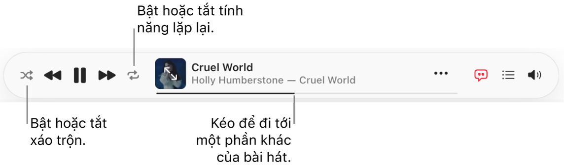 Đầu Apple Music với bài hát đang phát. Các điều khiển phát lại nằm ở phía xa bên trái.