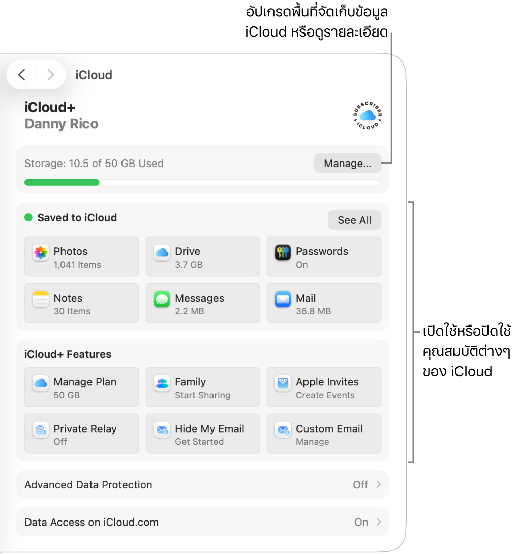 การตั้งค่า iCloud สำหรับคุณสมบัติที่ใช้บ่อยที่สุด