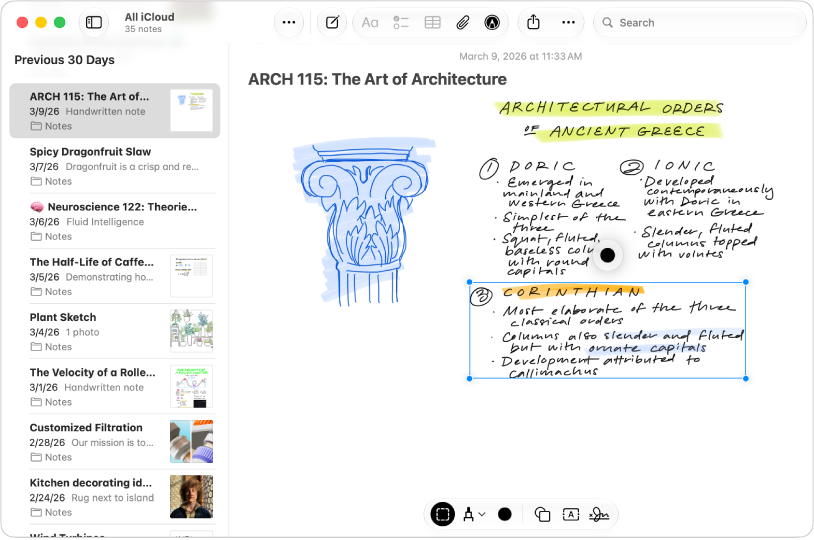 Mac 上的“备忘录” App 窗口，显示备忘录正文中有涂鸦和手写内容。