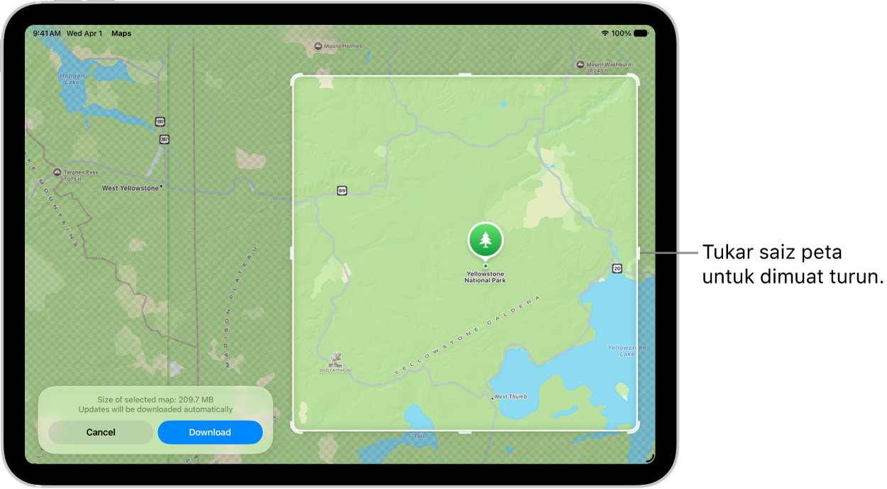 iPad dengan peta taman negara. Taman dibingkaikan oleh segi empat tepat dengan pemegang, yang boleh dialihkan untuk menukar saiz peta untuk dimuat turun. Saiz muat turun peta yang dipilih ditunjukkan berdekatan bahagian bawah peta. Butang Batal dan Muat Turun berada di bahagian bawah skrin.