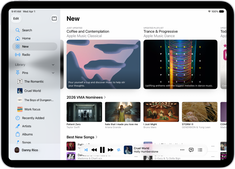The New tab showing the sidebar on the left and the New section at the right. The New tab shows featured music at the top. Swipe left to see more featured music and videos. The Best New Songs section appears below. The MiniPlayer is at the bottom.