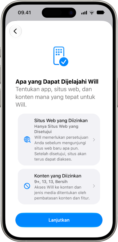 Layar pengaturan pengawasan orang tua yang menunjukkan pilihan untuk jenis konten yang dapat diakses seperti app dan situs web.