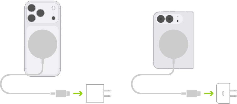 O ilustrație prezentând o extremitate a încărcătorului MagSafe atașată de partea din spate a iPhone-ului și cealaltă extremitate conectată la un adaptor de alimentare.