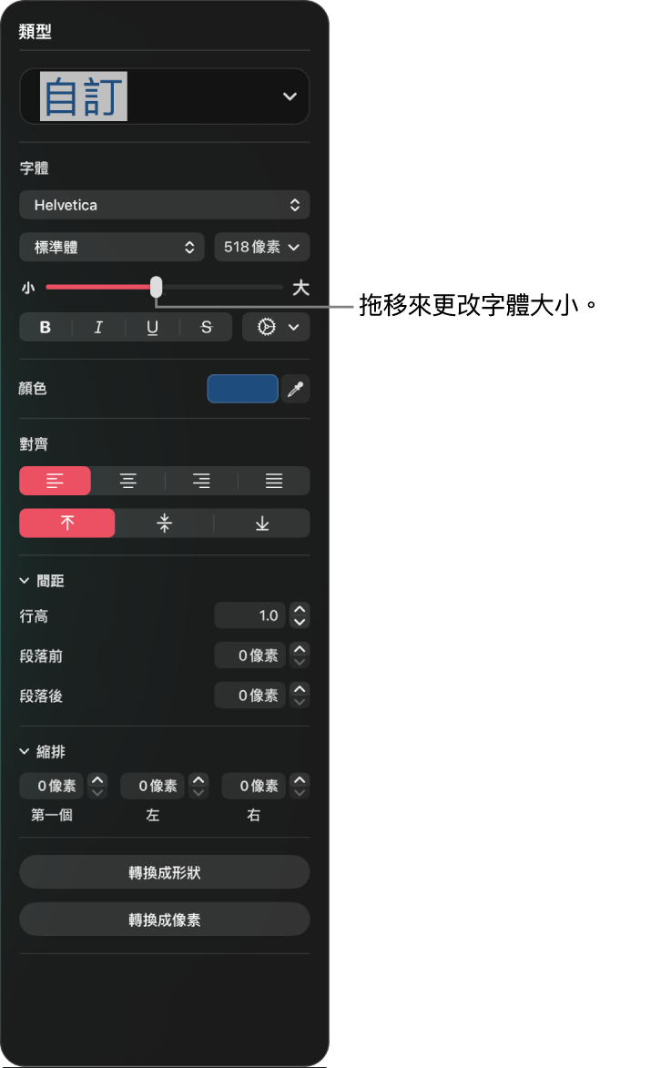 「類型」面板顯示滑桿以增加「類型」大小