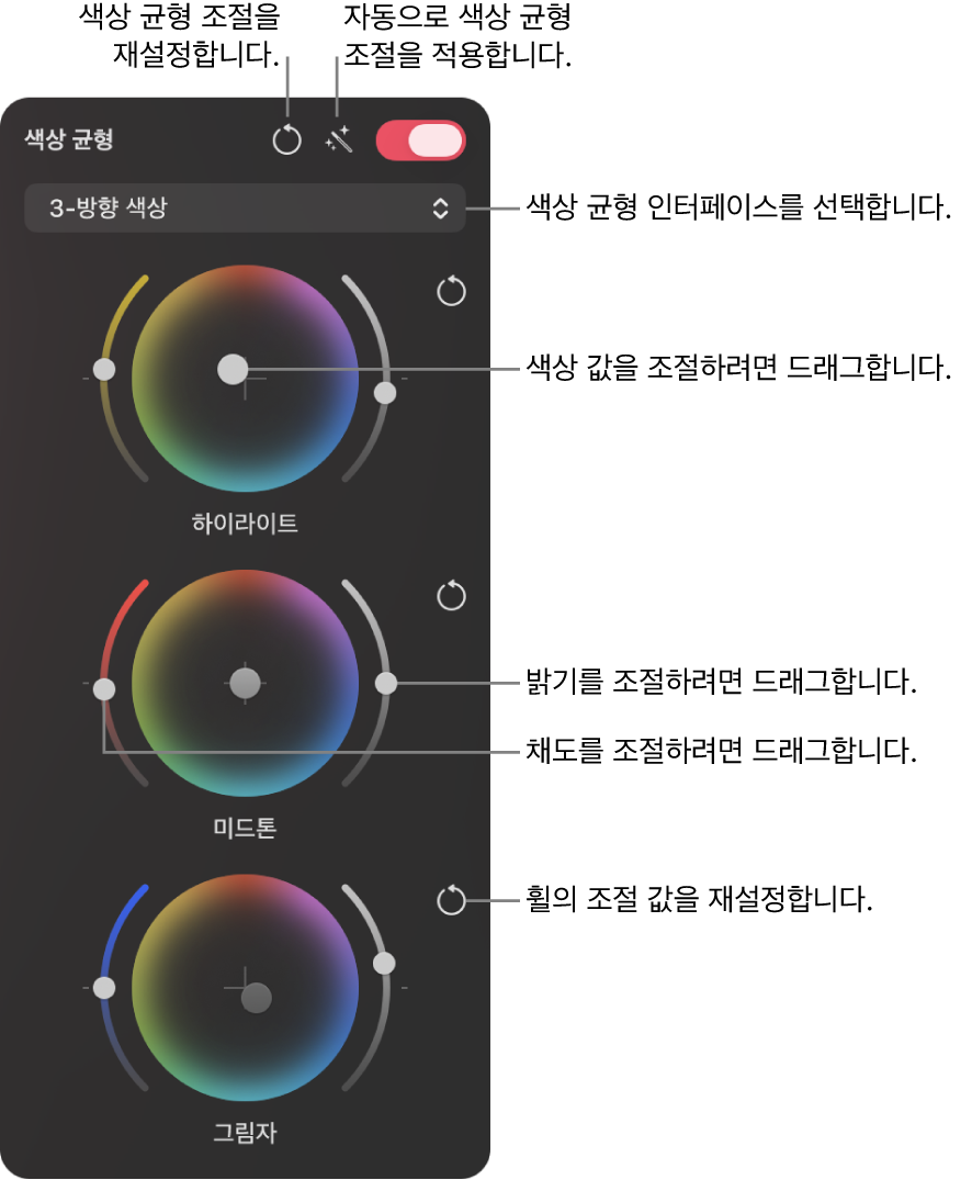 이미지의 색상 균형을 맞추기 위한 색상 밸런스 3-방향 색상 인터페이스입니다.
