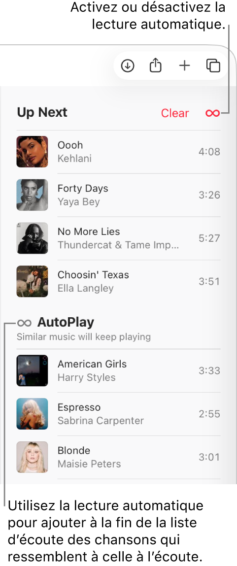 Le liste Suivants dans le haut de la fenêtre d’Apple&nbsp;Music qui affiche les boutons Effacer et Lecture automatique. La lecture automatique est activée.