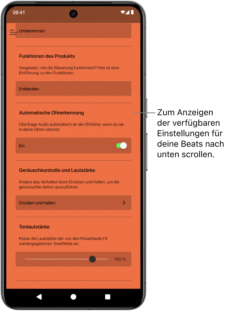 Der Gerätebildschirm der Beats-App zeigt die verfügbaren Einstellungen für die verbundenen Powerbeats&nbsp;Fit-Ohrhörer.