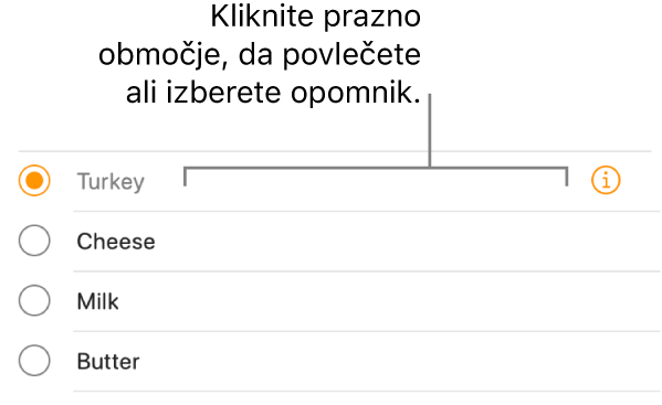 Za izbiro opomnika kliknite prazno območje desno od imena opomnika.