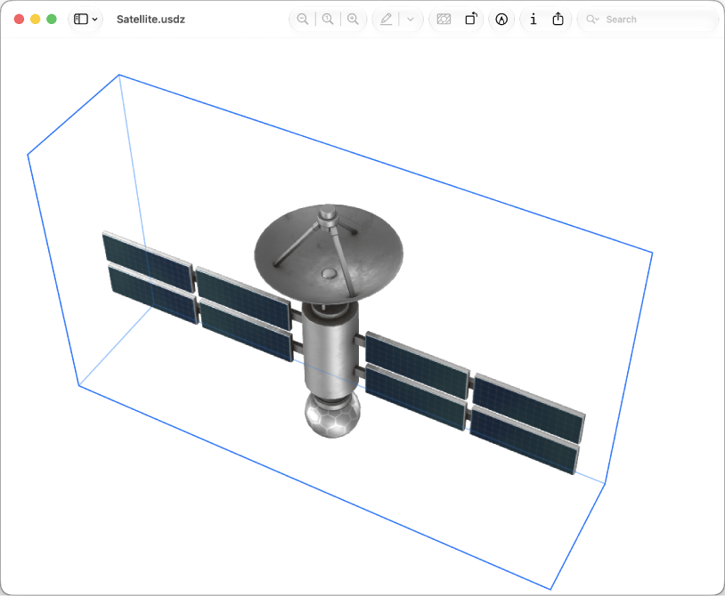 A 3D file open in the Preview app, showing a satellite.
