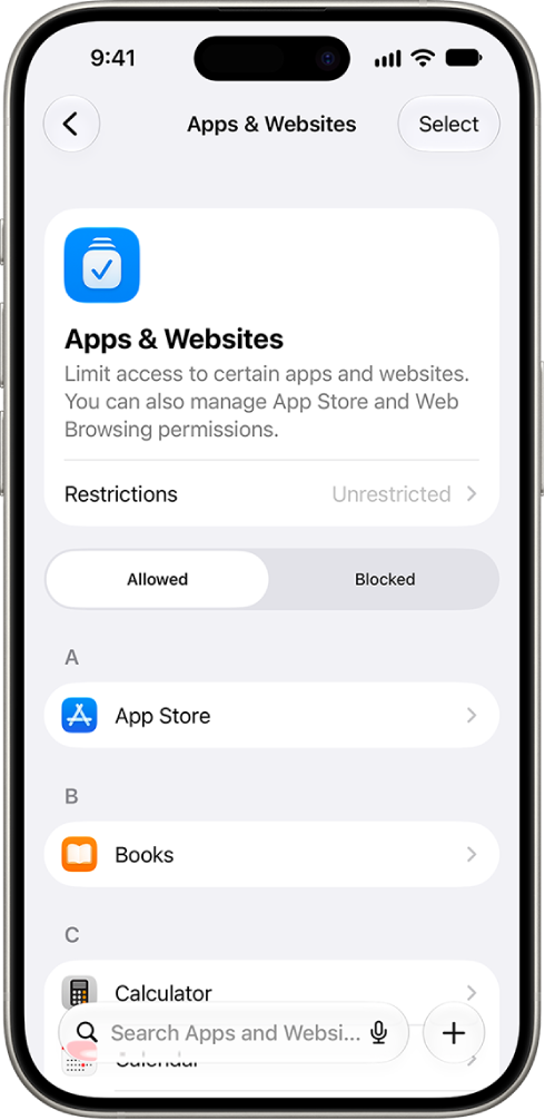 The Apps & Websites pane in Screen Time showing Allowed and Blocked websites.