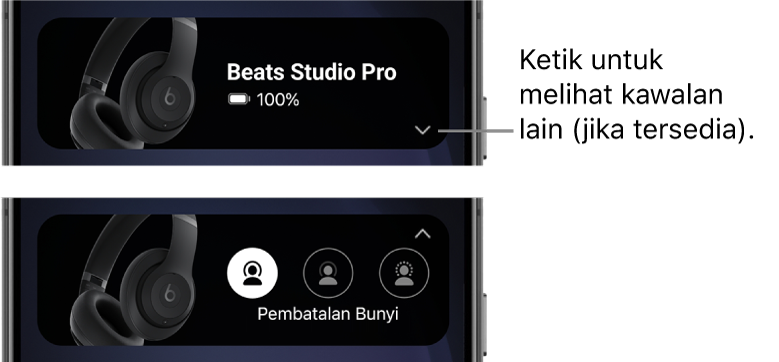 Imej pertama menunjukkan widget app Beats memaparkan fon kepala Beats&nbsp;Studio&nbsp;Pro disambungkan dan butang untuk memaparkan kawalan lain; imej kedua menunjukkan kawalan Pembatalan Bunyi dalam widget.