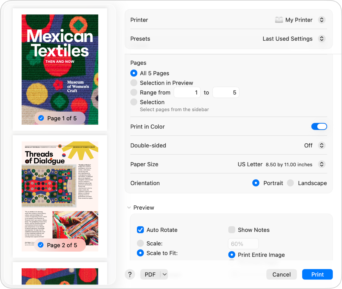 The Print dialog showing options for copies, pages, and printer selection.