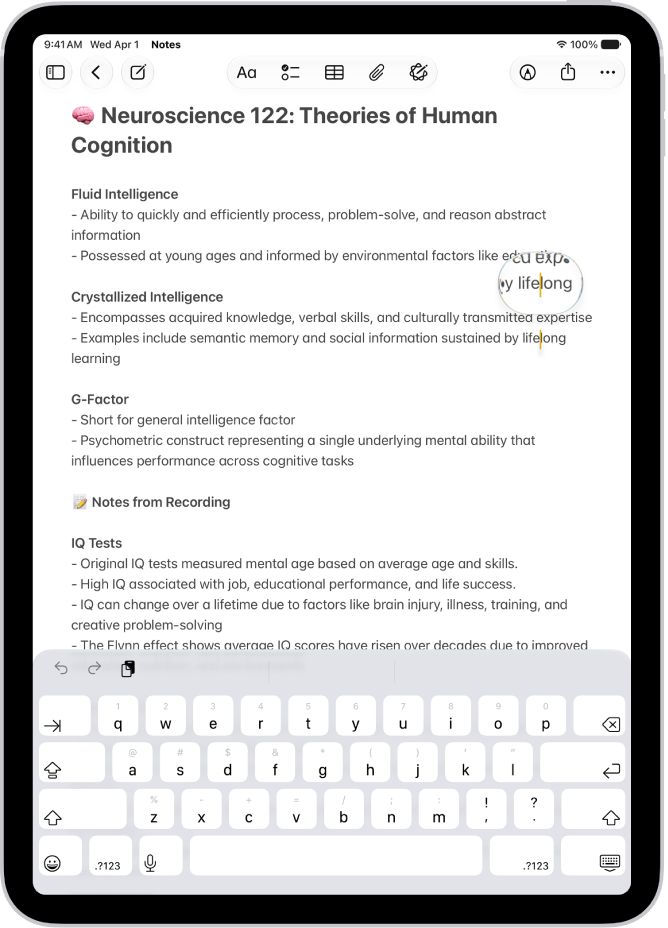 A note showing the insertion point positioned where text will be inserted or edited. The surrounding text is magnified to make it easier to place the insertion point.