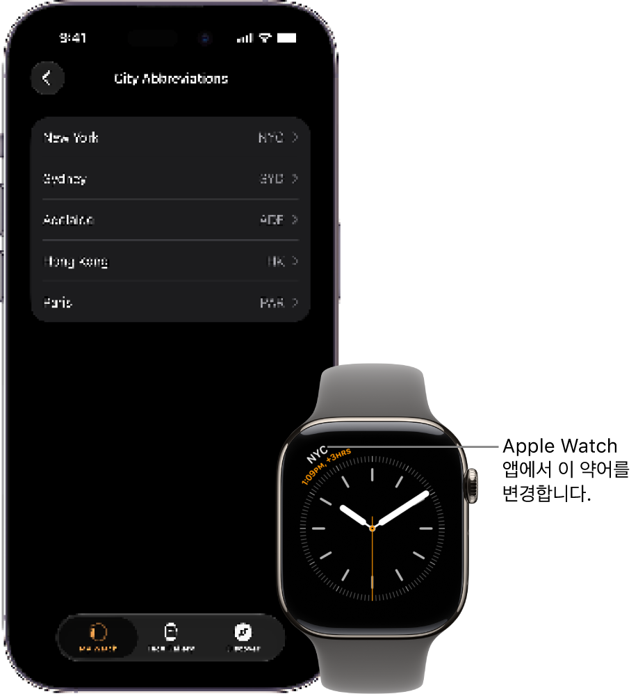 나란히 있는 iPhone과 Apple&nbsp;Watch. 뉴욕 시간을 가리키는 Apple&nbsp;Watch 화면이 있고 축약한 이름인 NYC가 사용됨. Apple&nbsp;Watch 앱 시계 설정의 도시 목록을 보여주는 iPhone 화면.