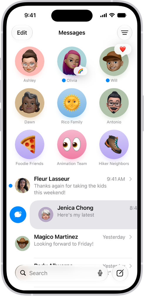 A Messages conversation list with two unread messages and one being marked as unread.