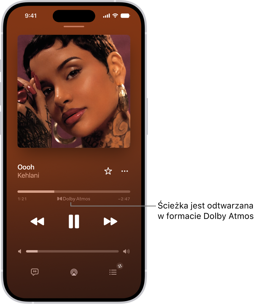 Ekran Odtwarzane pokazujący ikonę Dolby&nbsp;Atmos pod odtwarzaną ścieżką.