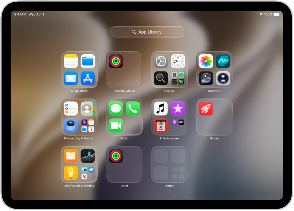 App Library on iPad showing the apps organized by category (Entertainment, Productivity & Finance, and so on).