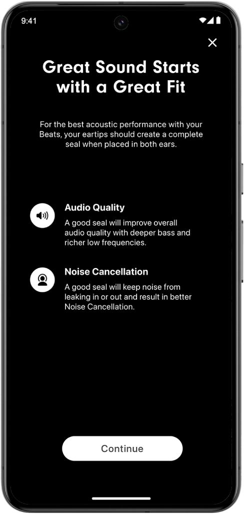 An Android device screen displaying the Ear Tip&nbsp;Fit&nbsp;Test.