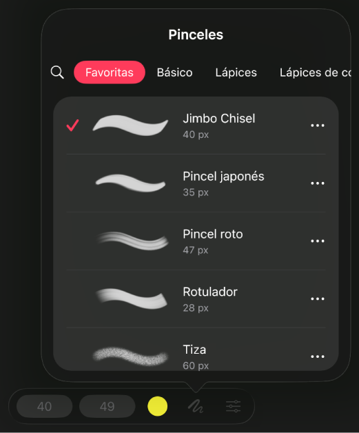 El explorador de pinceles dentro del panel “Pintar” que muestra las categorías de pinceles y los trazos disponibles dentro de la categoría seleccionada actualmente.