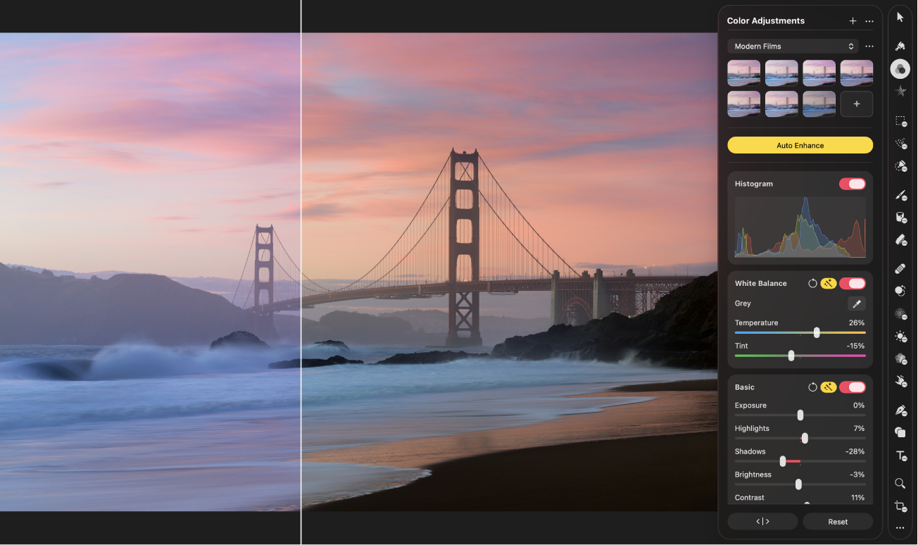Split-view comparison in the canvas showing the image of a bridge with and without the Auto Enhance adjustment applied.