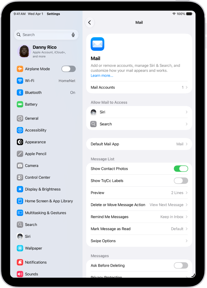 The Mail settings screen.