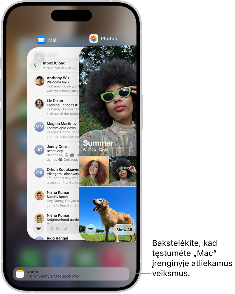 „iPhone“ programų perjungiklio ekrano apačioje rodomas pranešimas apie perkėlimą.