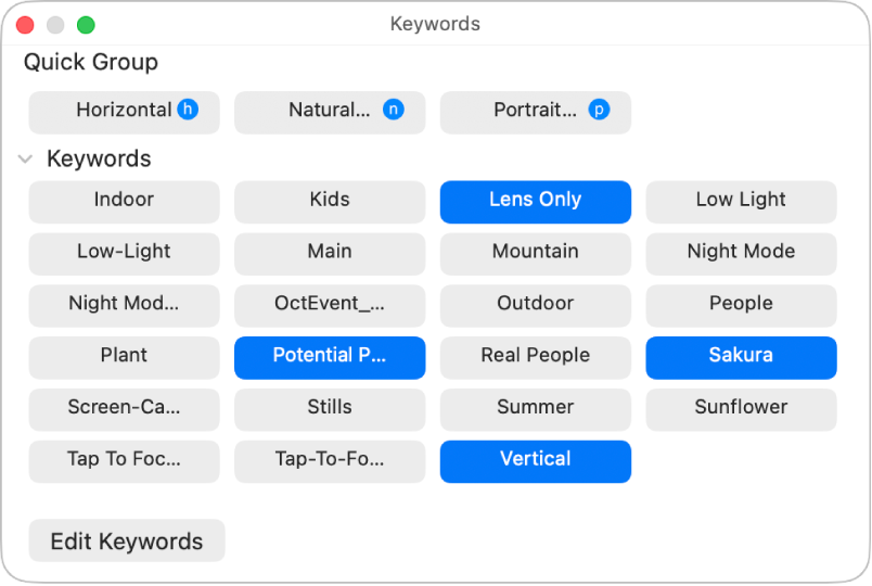 Keywords in the Keyword Manager window, with the Quick Group area at the top and an Edit Keywords button in the lower left.