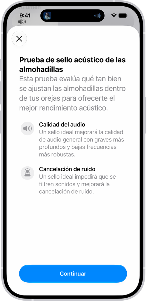 La pantalla de un iPhone muestra una prueba para medir el sello acústico de los AirPods Pro&nbsp;3.