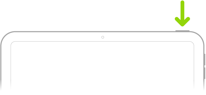A green arrow pointing to the button on the top-right of iPad.
