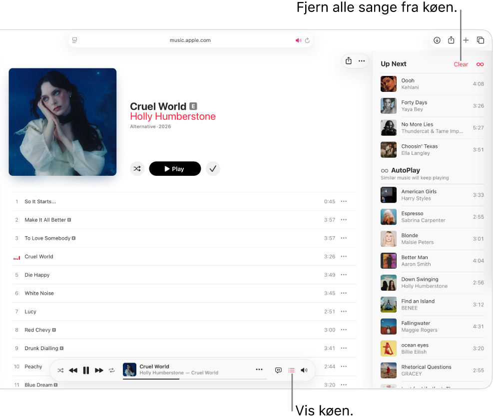 En sang afspilles i Apple Music. Knappen Kø øverst til højre er valgt, og køen kan ses.