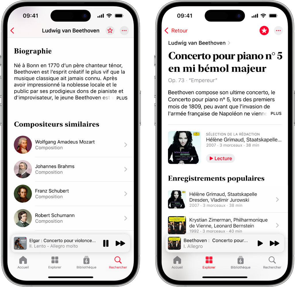 Deux iPhone affichant diverses informations à propos de la musique classique. Le premier affiche la biographie d’un compositeur en haut de l’écran. Le deuxième affiche la description d’une œuvre, juste en dessous du nom de cette dernière.