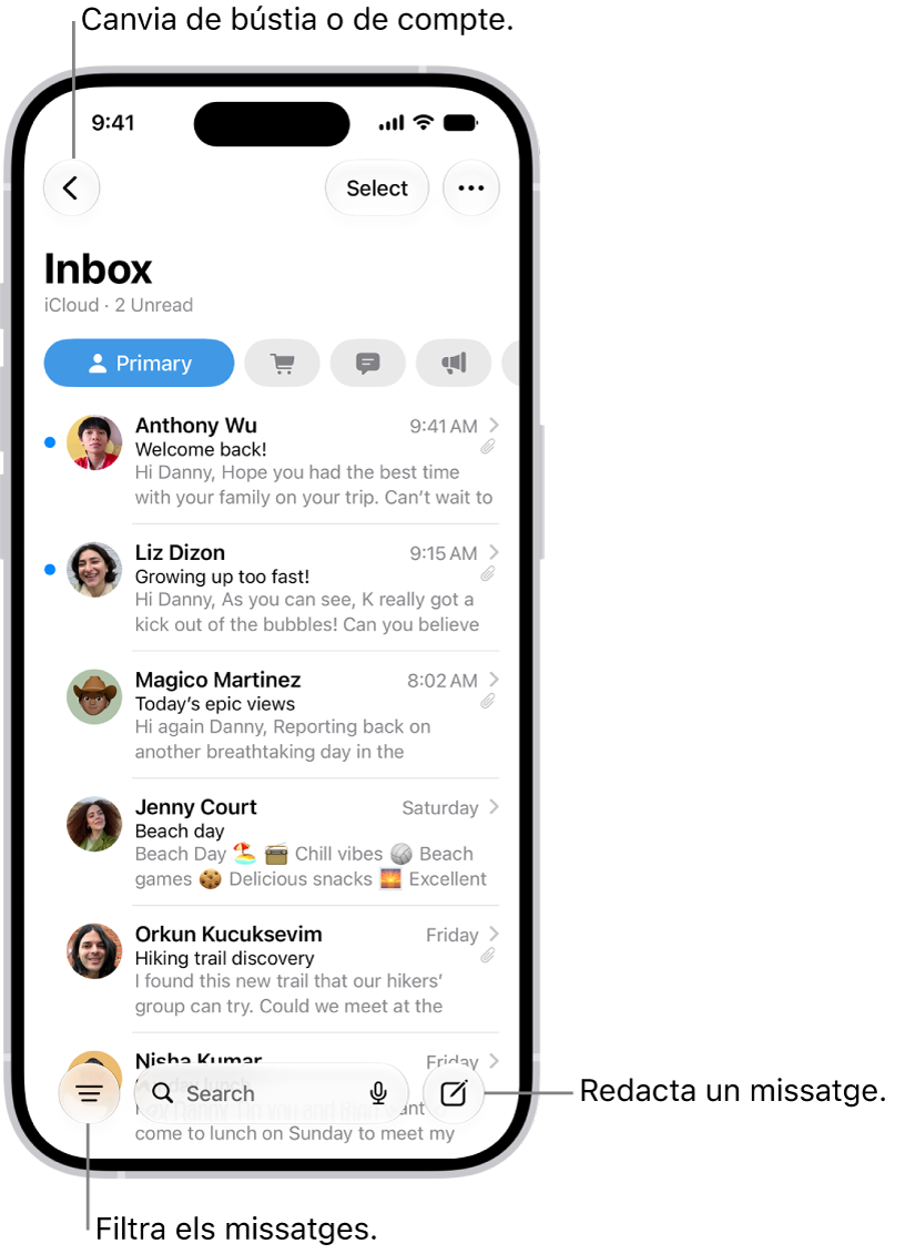 La bústia d’entrada de l’app Mail amb una llista de correus electrònics.
