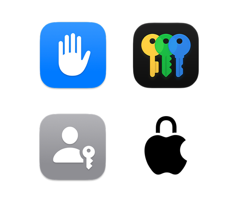 プライバシーとセキュリティ、パスワードアプリ、パスキー、Appleのプライバシーを表す4つのアイコン。